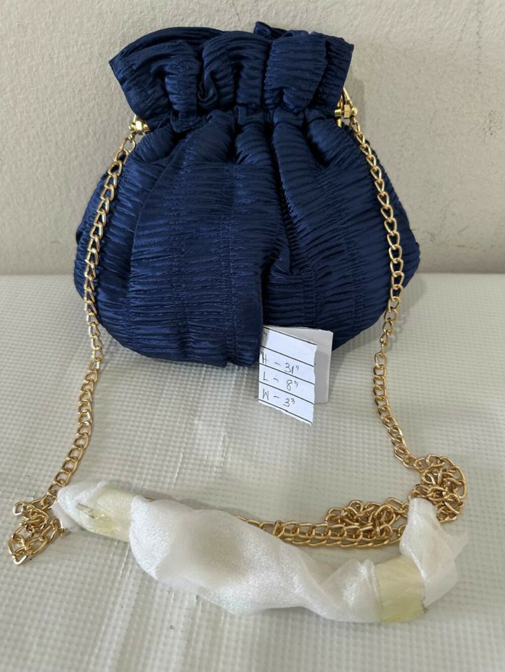 Stunning Navy Blue Ruching Satin Drawstring Crossbody Clutch Evening Purse - Picture 6 of 8